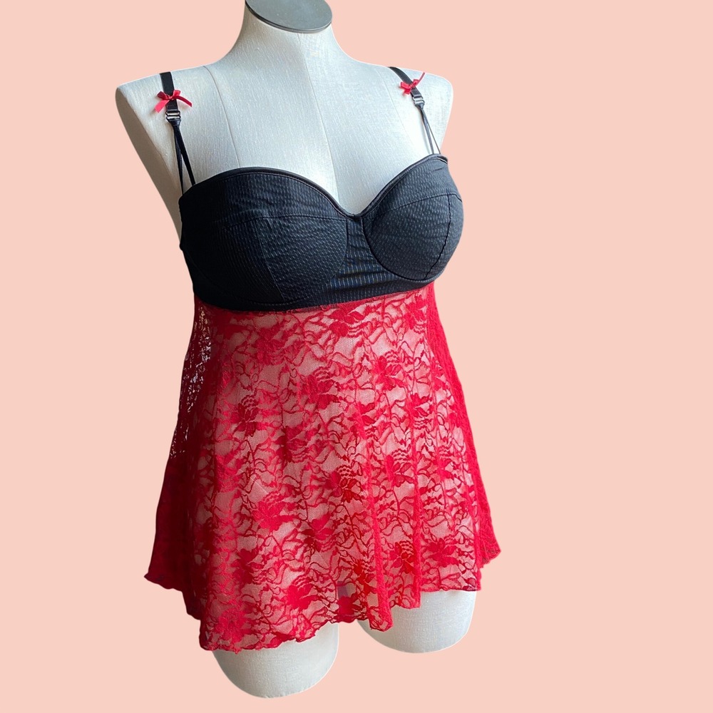 Coquette Babydoll Lingerie Women XL Red Lace Pinstripe Bows Sweetheart Nightie